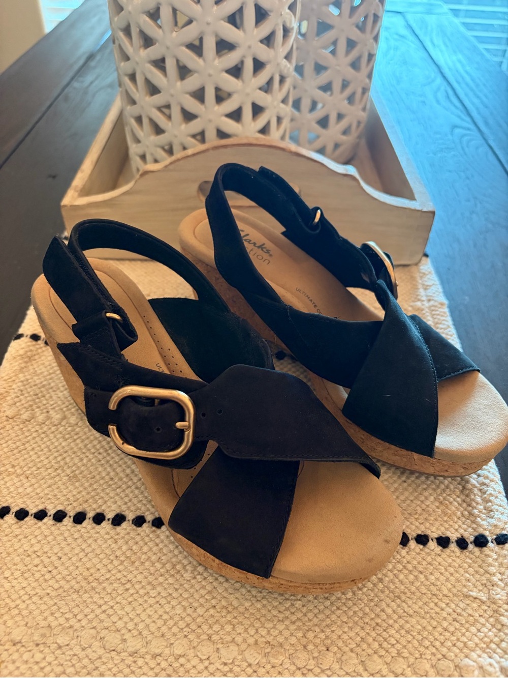 Clarks Black Wedge Sandals with Buckle